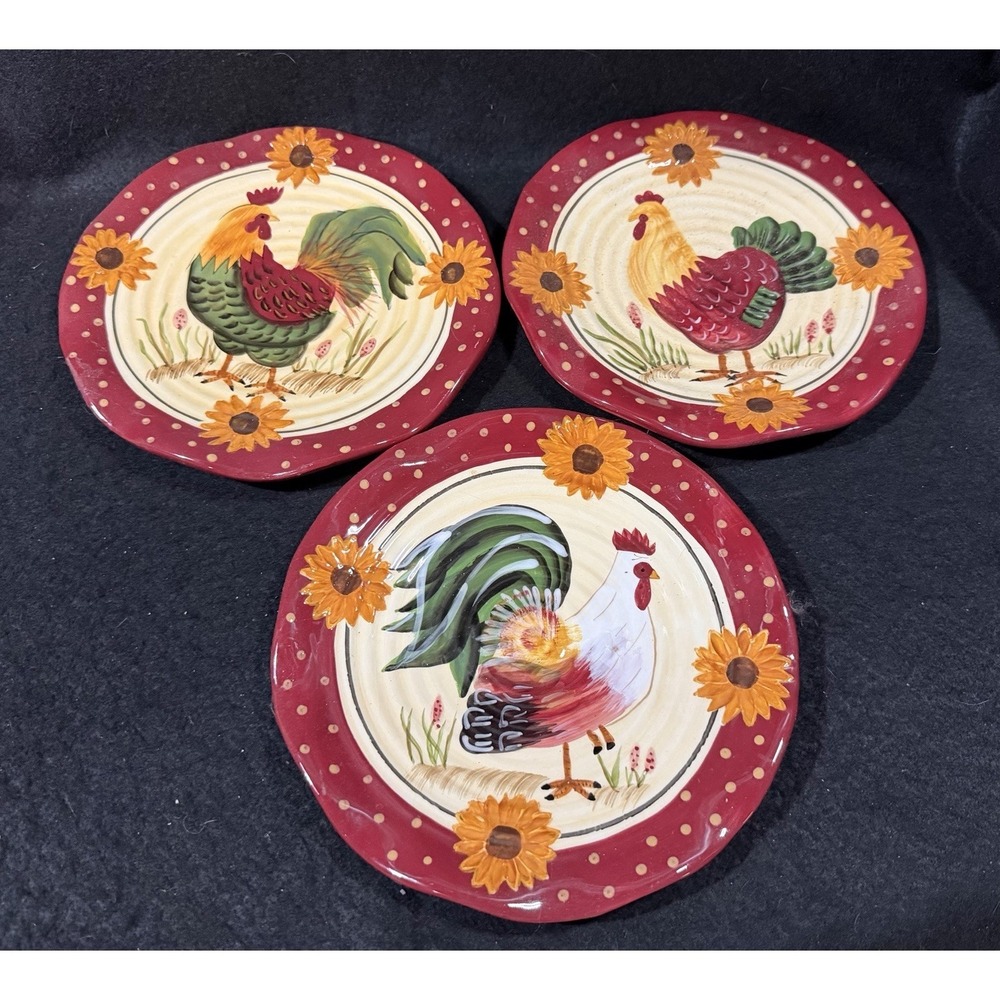Set Of Three Decorative  Rooster Sunflower Plates 8.5" Red, Green & Blue Border.